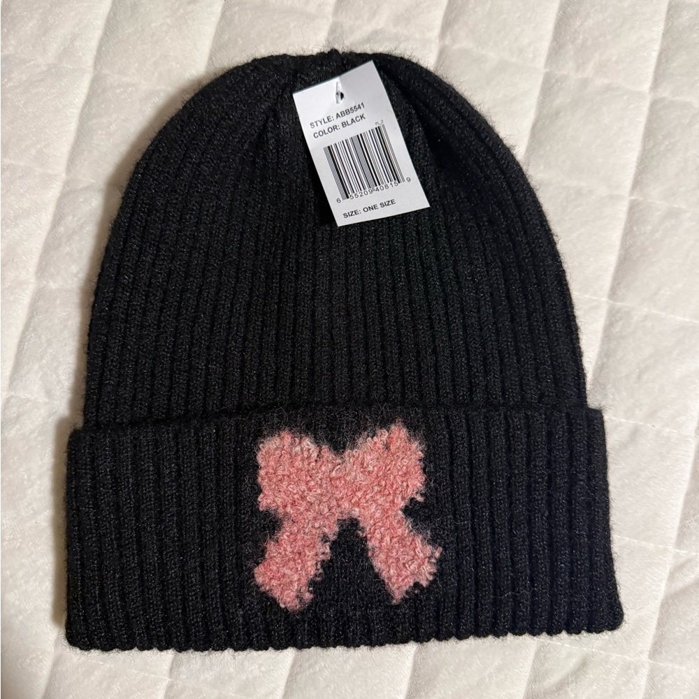 Black Beanie with Pink Bow